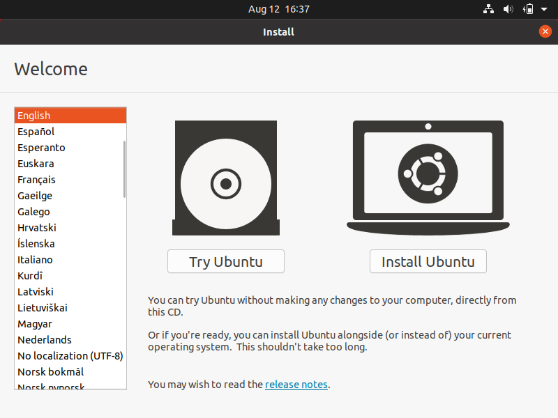 Choosing to either try or install Ubuntu