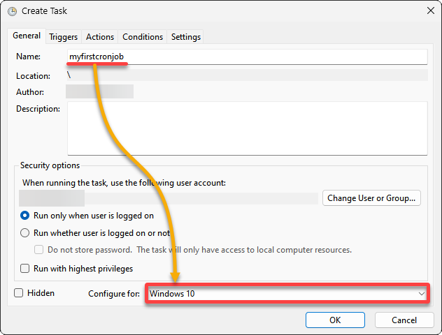 Setting a cron job name and selecting the Windows version