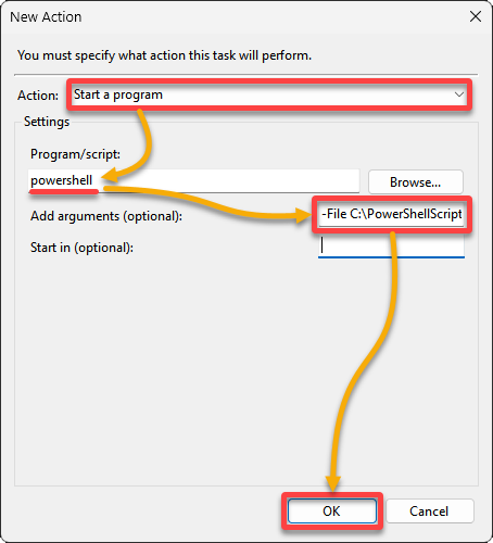 Configuring a new action