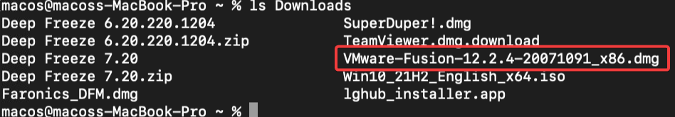Listing the VMware Fusion files in the Downloads folder