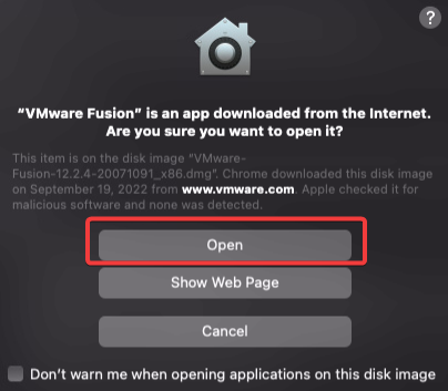 Confirming opening the VMware Fusion application