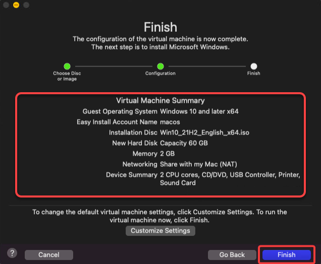 VMware Fusion: Initiating the new VM with the selected settings