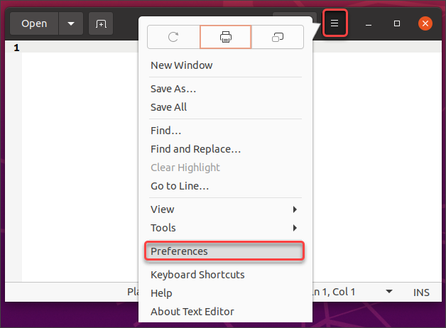 Opening the Gedit preferences window