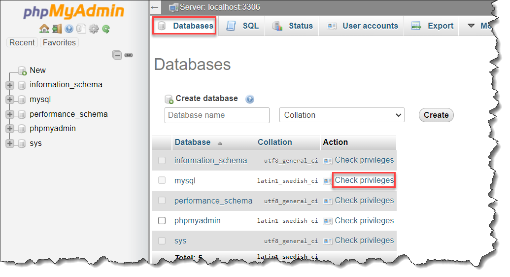 install phpmyadmin - Checking the account privileges in phpMyAdmin