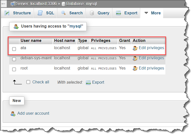install phpmyadmin - Viewing the list of users with database privileges