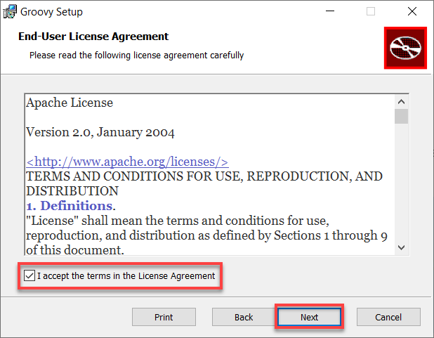 Accepting the End user License Agreement