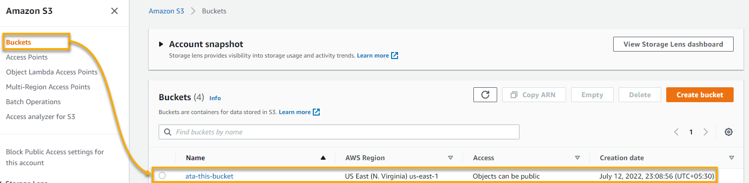 Verifying the AWS S3 bucket in the AWS Management Console