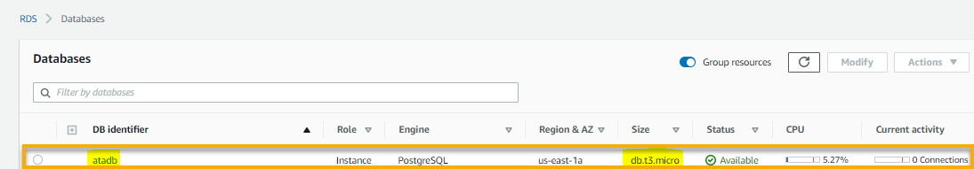Verifying the AWS DB instance in the AWS Management Console