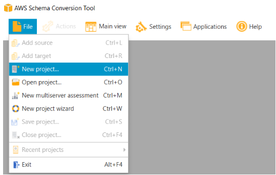 Creating a new Project in the AWS Schema Conversion Tool 