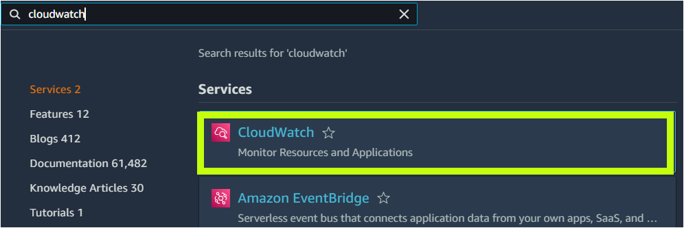 Navigating to the AWS Cloudwatch Service Page