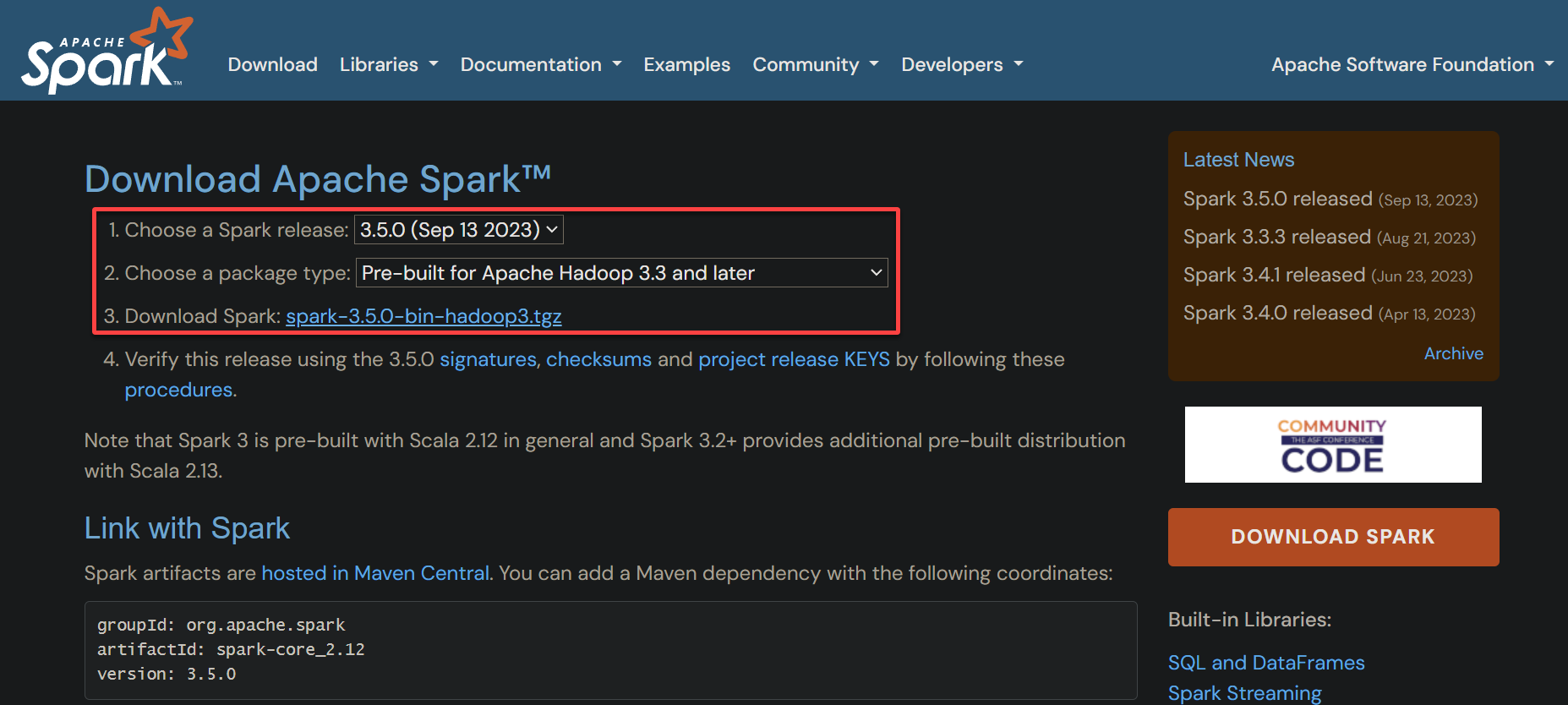 Choosing options for downloading Apache Spark