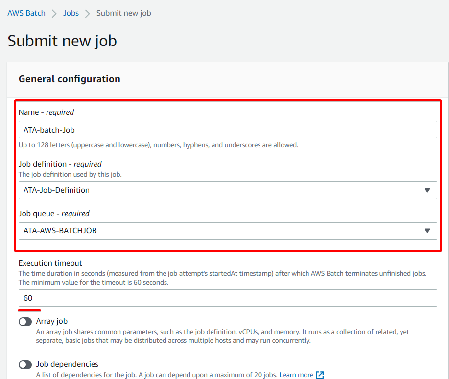 Specifying the details for submitting a new AWS Batch Job