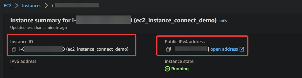 Noting down the instance’s ID and Public IP address
