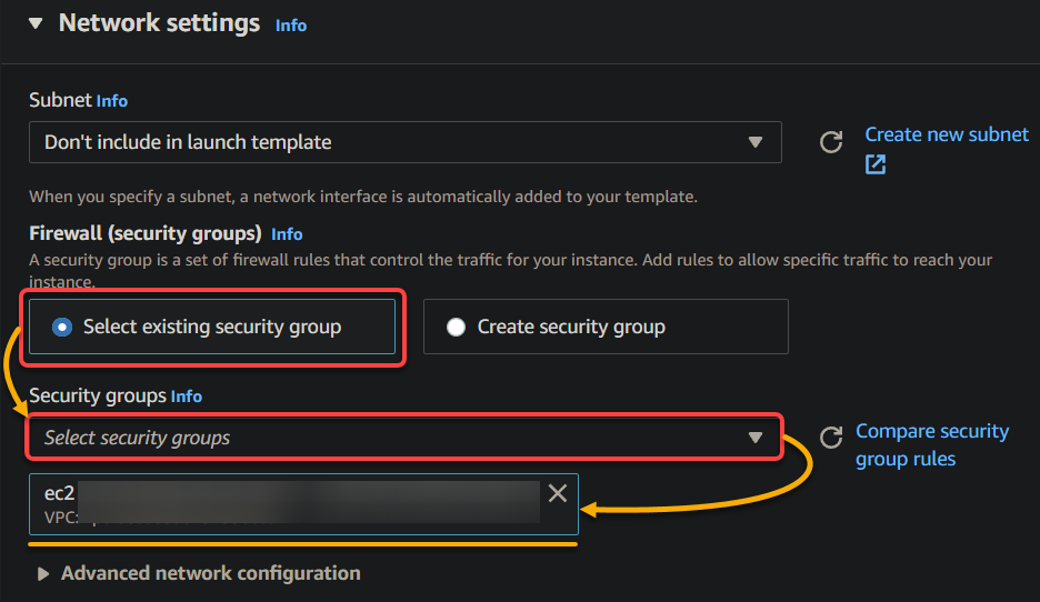 Selecting an existing security groups