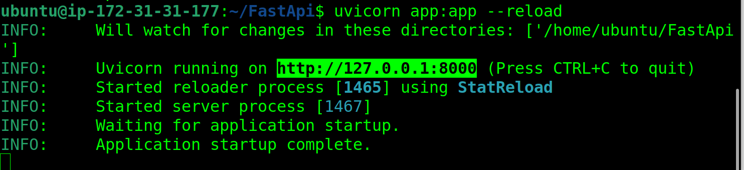 Running the code in app.py file using uvicorn