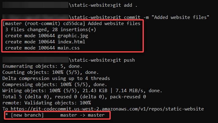 Pushing the website files to the AWS CodeCommit repository 