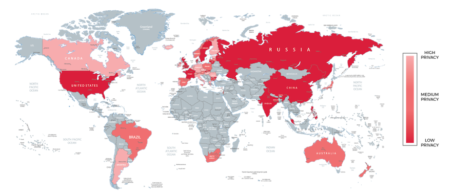 Denoted by its deep-red coloring, Russia is considered a low-privacy nation. Image courtesy of BestVPN.org.