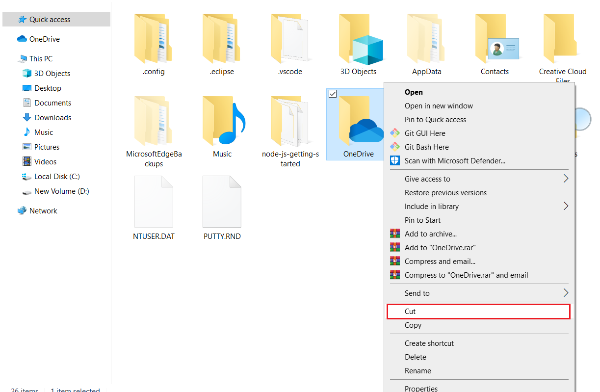 OneDrive folder Right Click Menu select cut