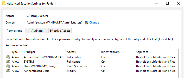 Displaying restored permissions for Folder1