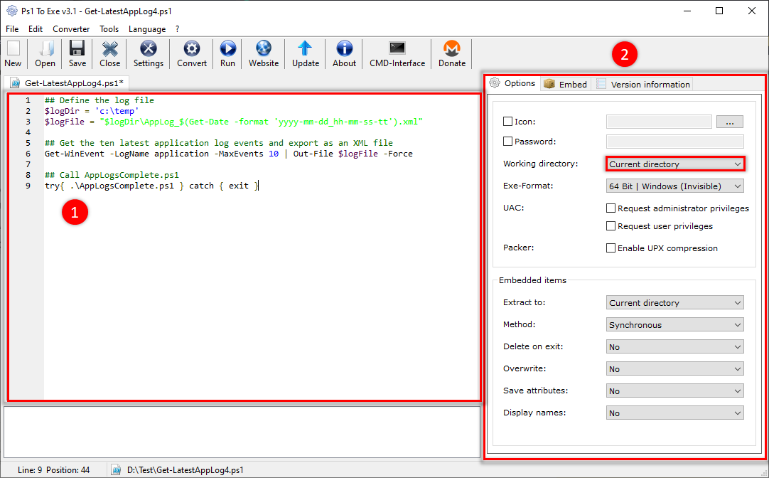 Configuring The EXE Output Settings