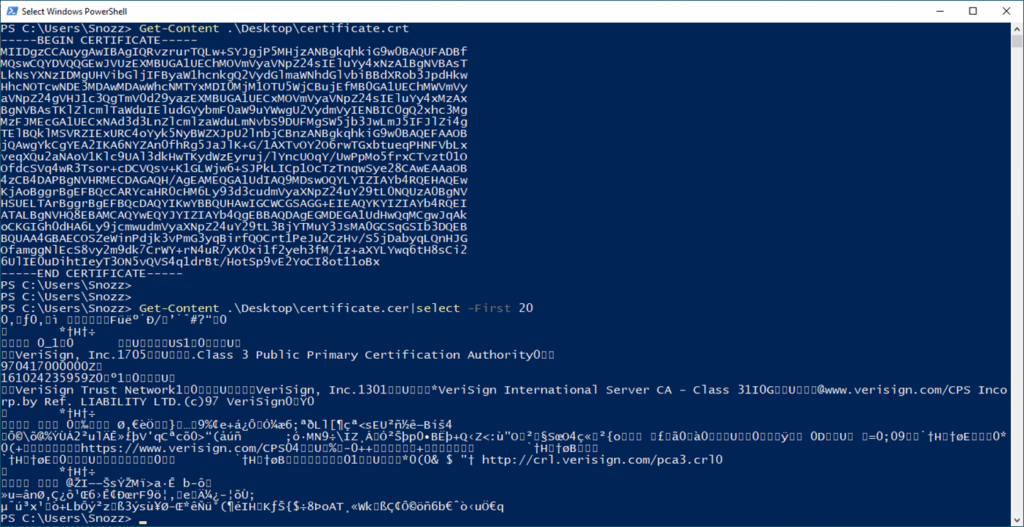 DER-encoded certificate shown in PowerShell