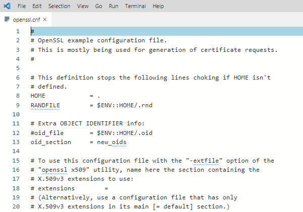 Sample OpenSSL configuration file in Visual Studio Code