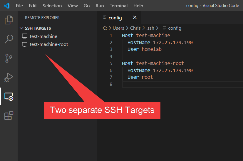 Two example SSH targets for connecting