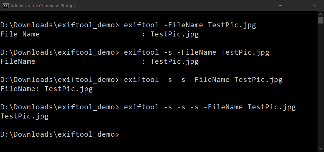 Each time you add -s, you are changing the output of exiftool