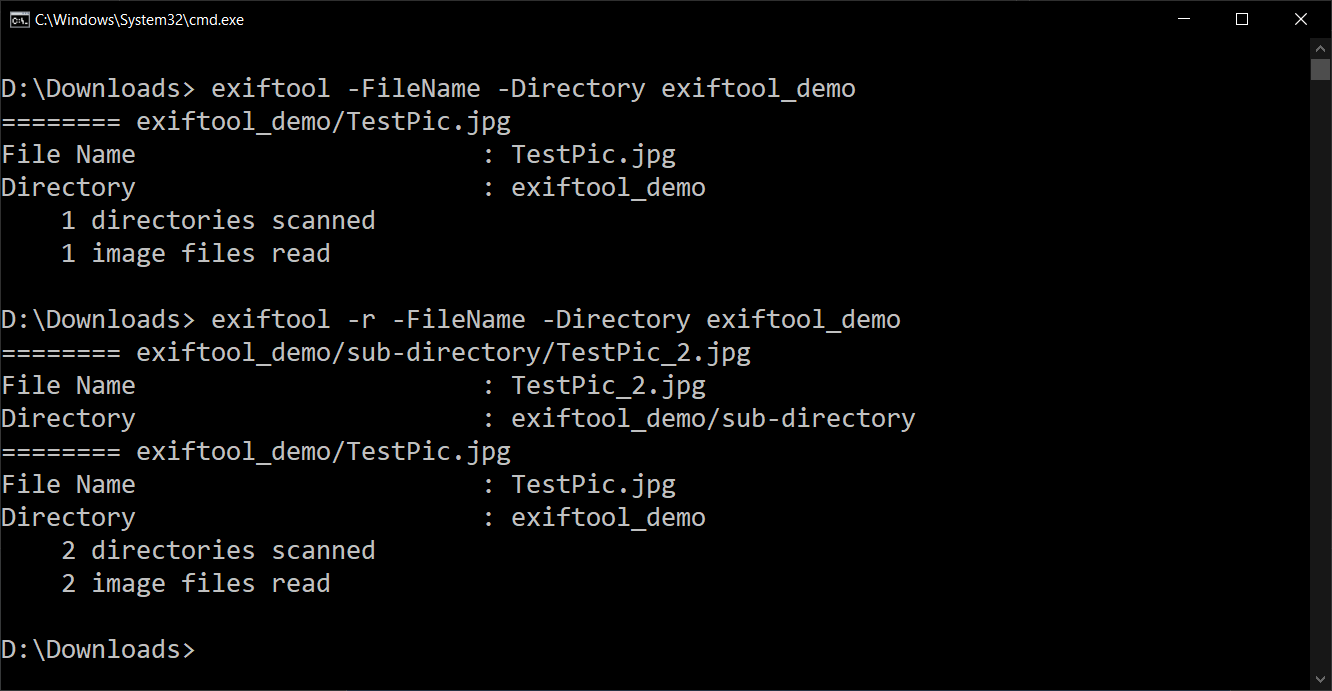 By using the -r flag, exiftool will also run in each subdirectory of the directory it's running against.