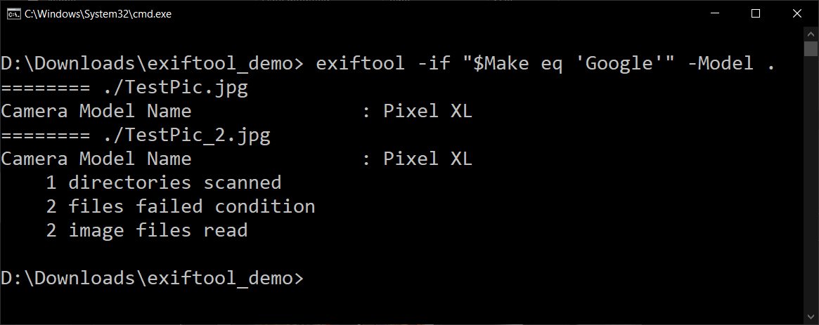 Using the -if statement in exiftool to filter which pictures to show metadata of