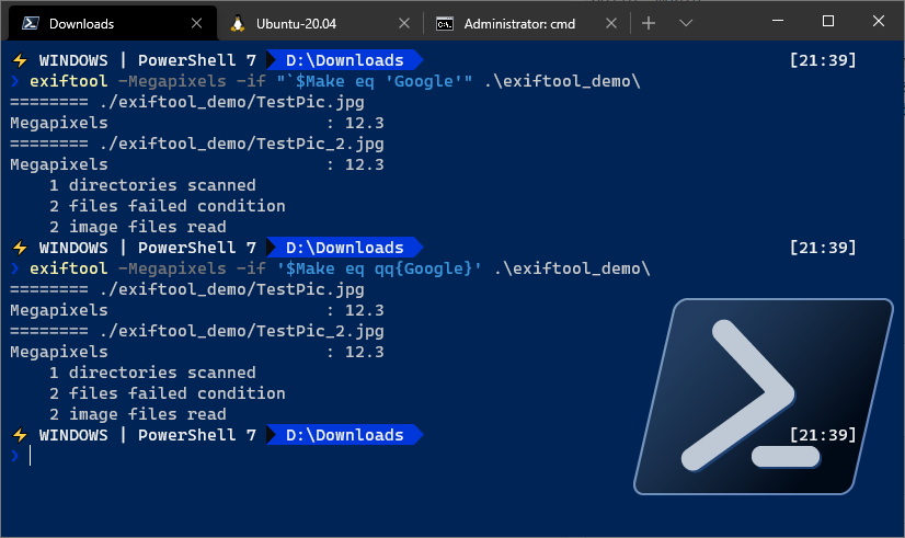 Showing different ways to use PowerShell with exiftool syntax