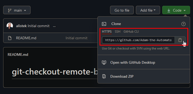 git checkout remote branch - Locating the HTTPS clone URL in GitHub.