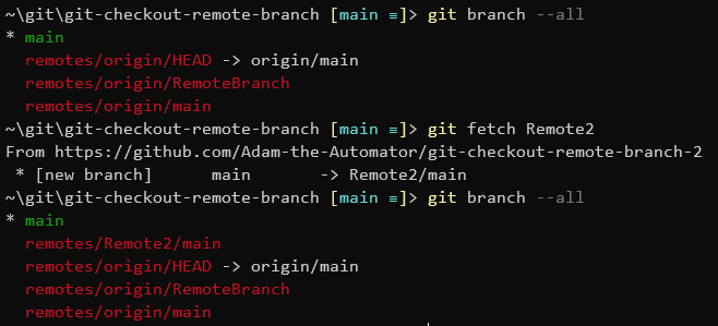 Fetching main from remote2 with the git fetch command.