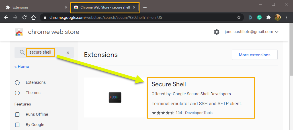 Searching for the Secure Shell extension.