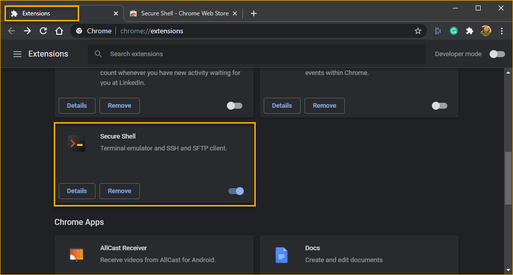  Confirming the Secure Shell extension installation.