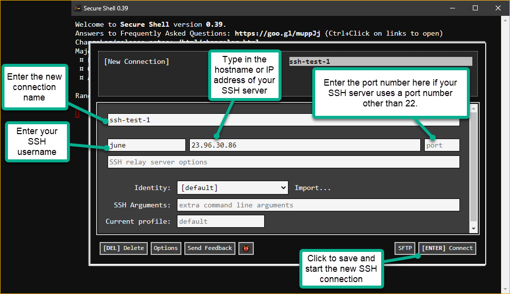 Creating and Connecting to a New SSH Connection.