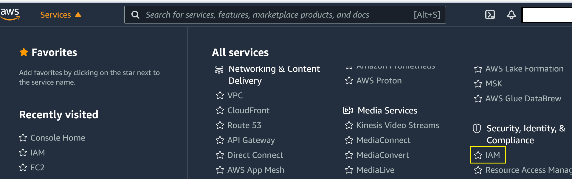 AWS Management Console showing services drop-down menu and IAM selection.