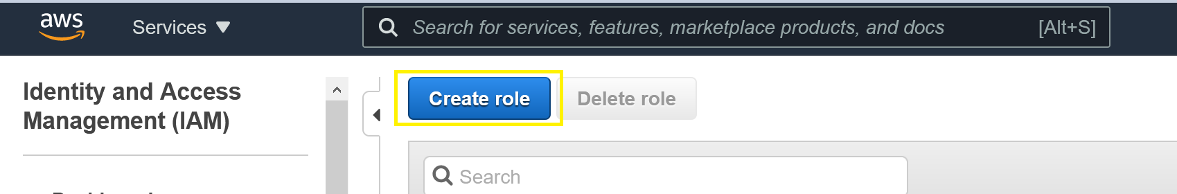 Roles section of the IAM console showing Create Role selection.