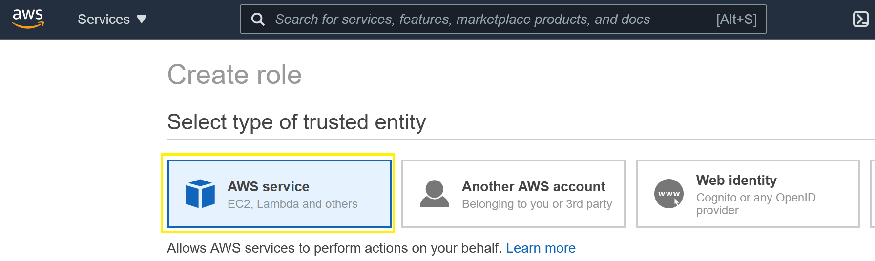 Create Role menu showing AWS Service selection.