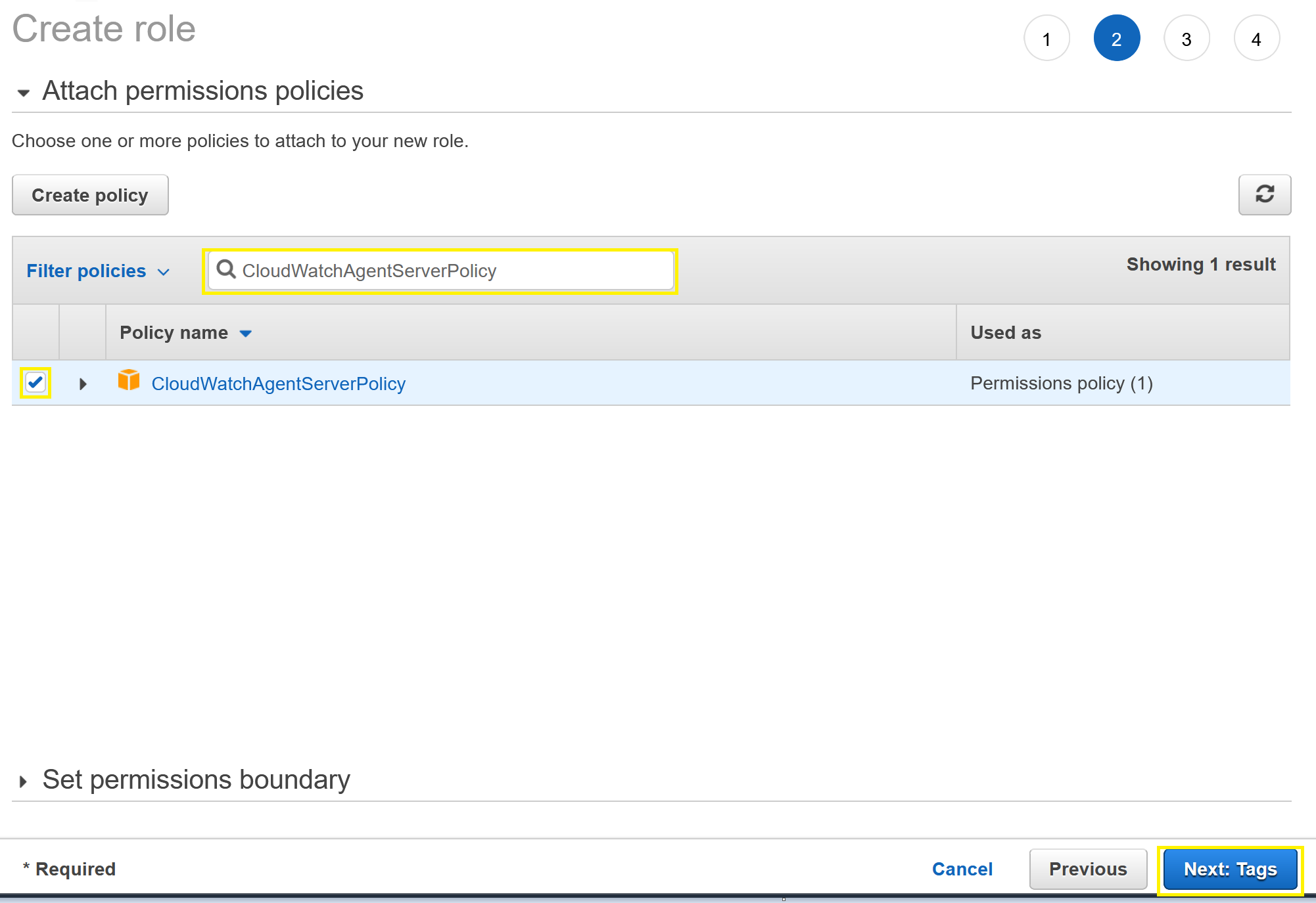 Attach permissions and policy menu showing CloudWatchAgentServerPolicy and Next: Tags selections.