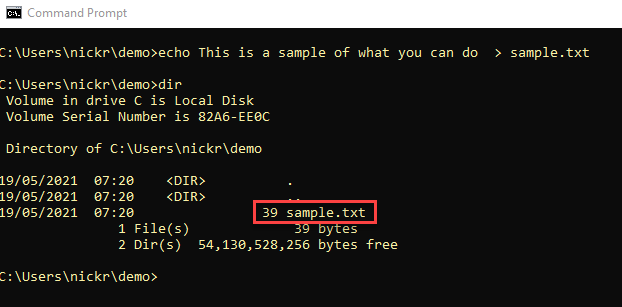 Output of redirecting text to sample.txt