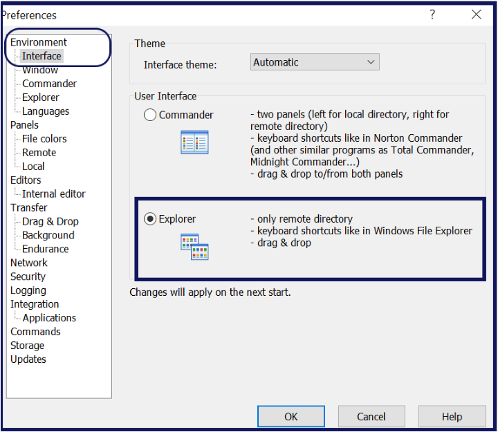 Changing the WinSCP interface style