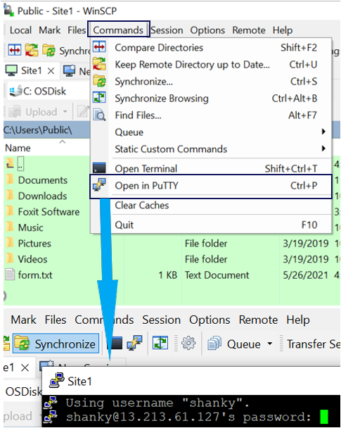 Open a WinSCP session in Putty
