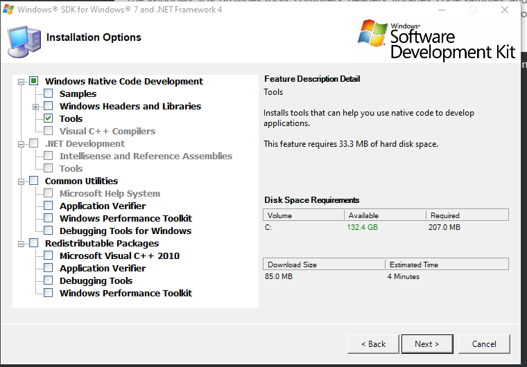 Selecting only Tools under the Windows Native Code Development section.