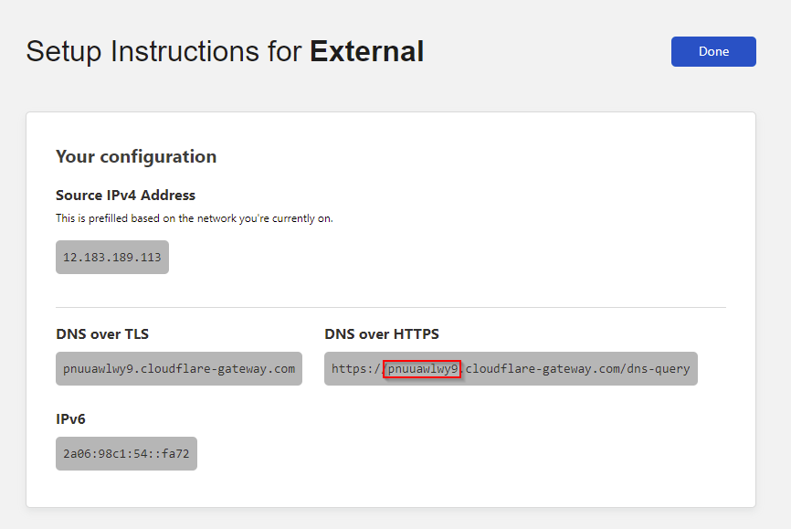 Copying the subdomain for DoH set up in the Cloudflare WARP client.