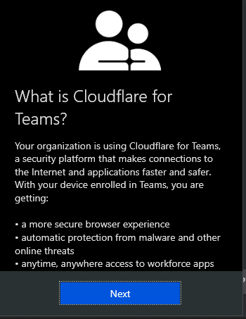 Cloudflare Teams informational pop-up. 