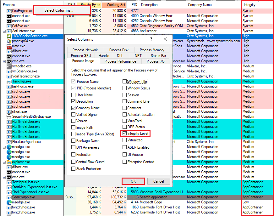 Viewing Processes' Integrity Levels