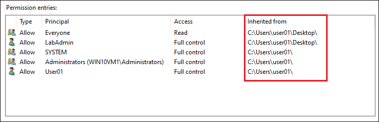 Displaying file advanced permissions before changing inheritance