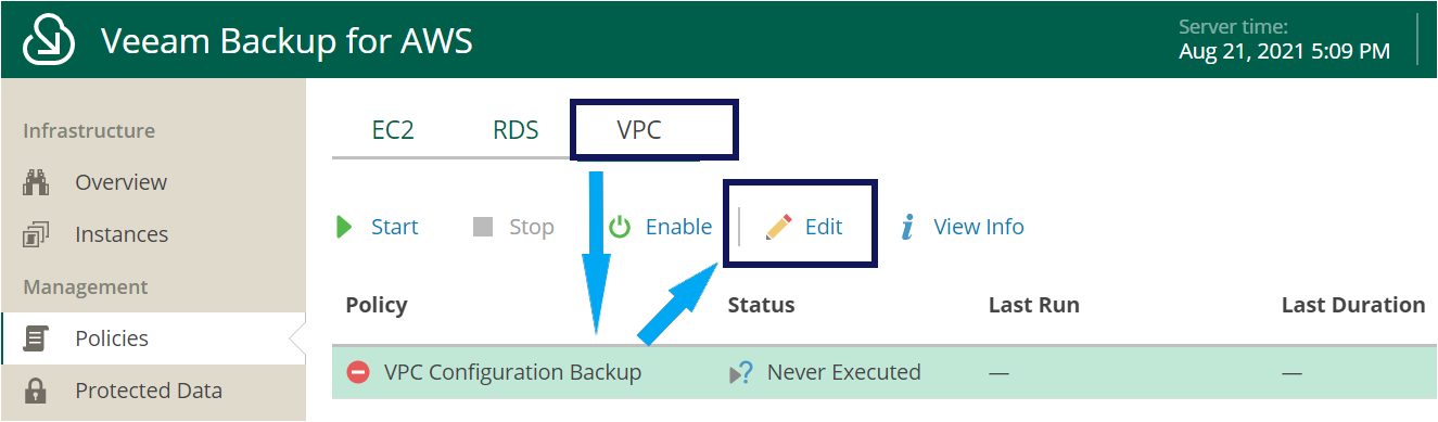 Editing the VPC Backup Policy
