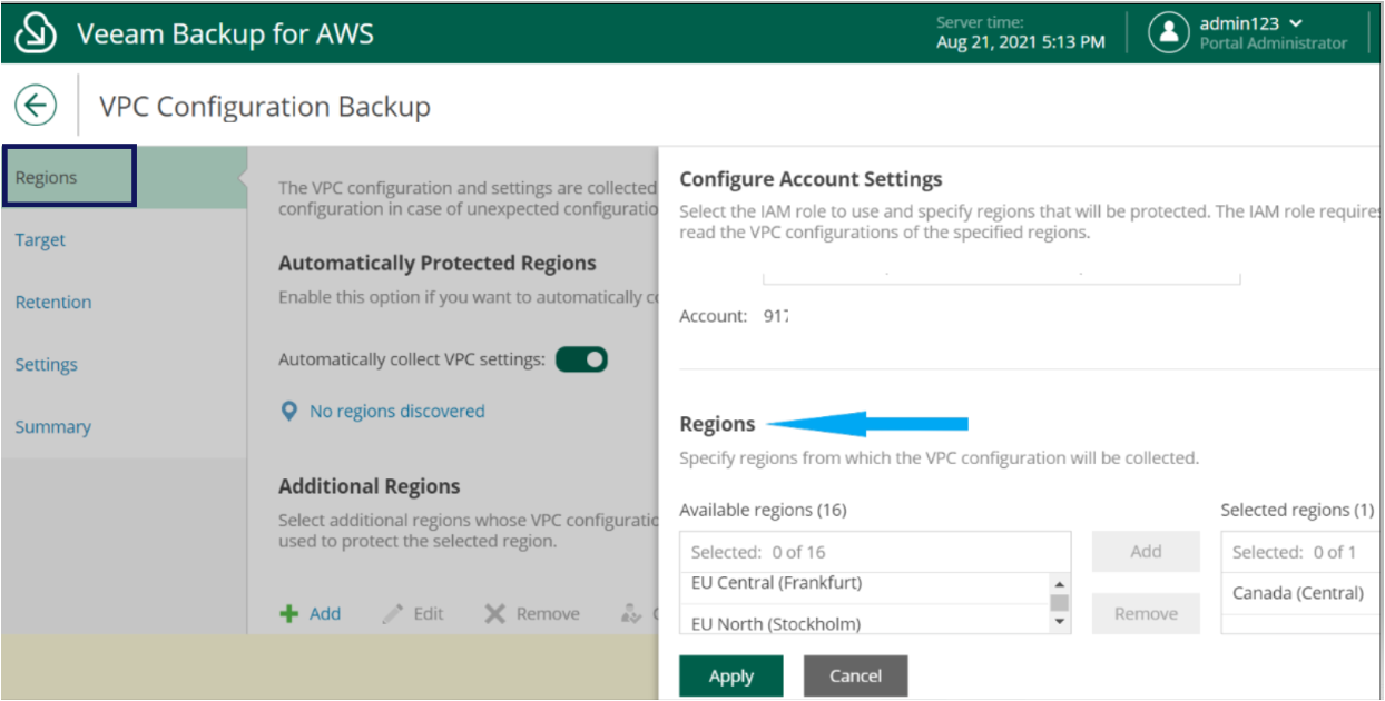 By default, Veeam Backup for AWS automatically collects and backs up VPC configuration data for all AWS regions.